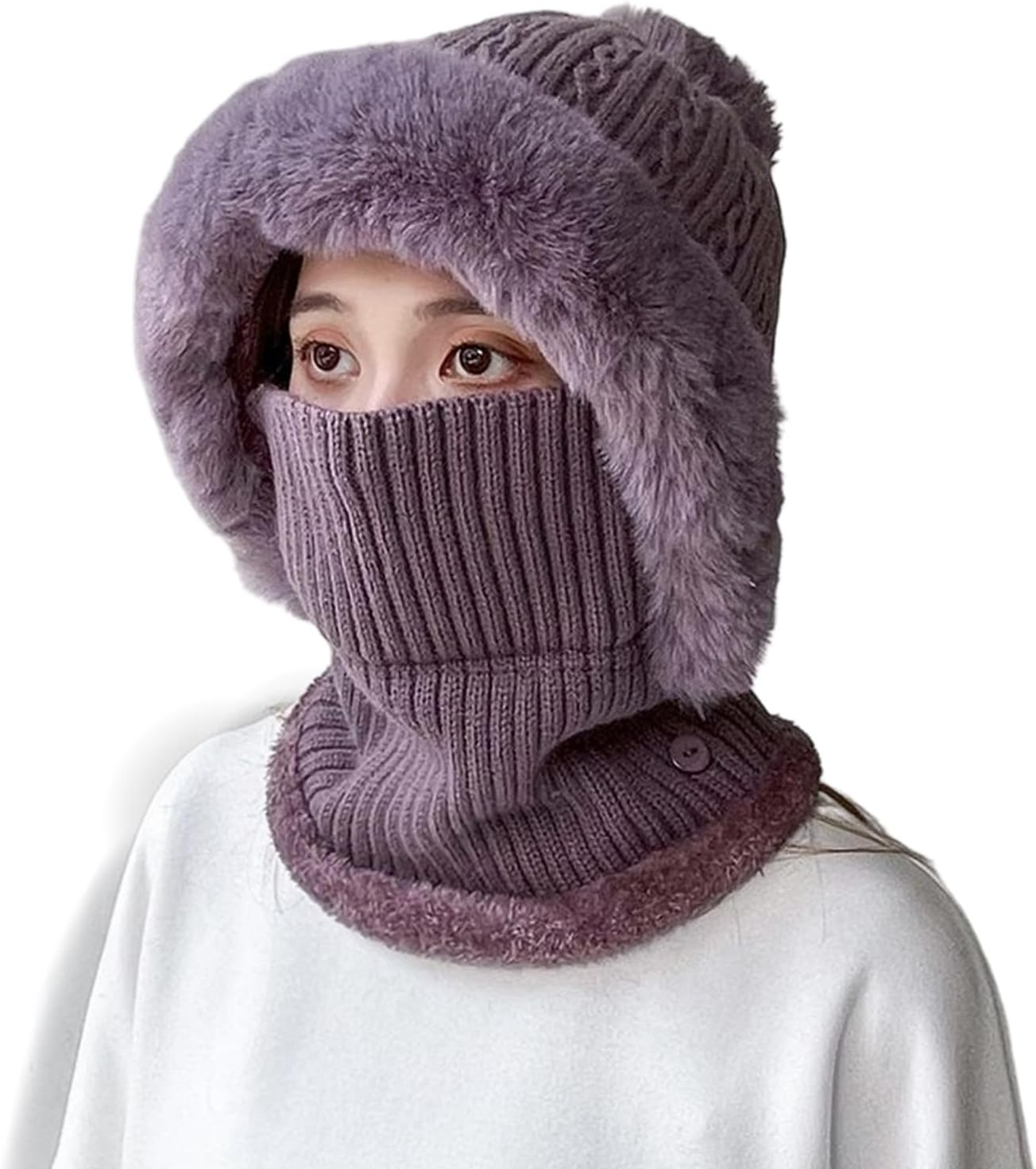 Winter Hats for Women,Knitted Face Cover - Winter Hat with Scarf | for Lady Grandma Mother Traveling Hiking Cycling Skiing Snowboarding Biking image number 6