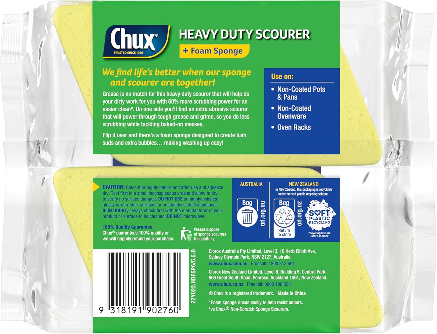 Chux Heavy Duty Scourer + Foam Sponge, Rinses Easily and Resists Odours, 6 Count image number 1