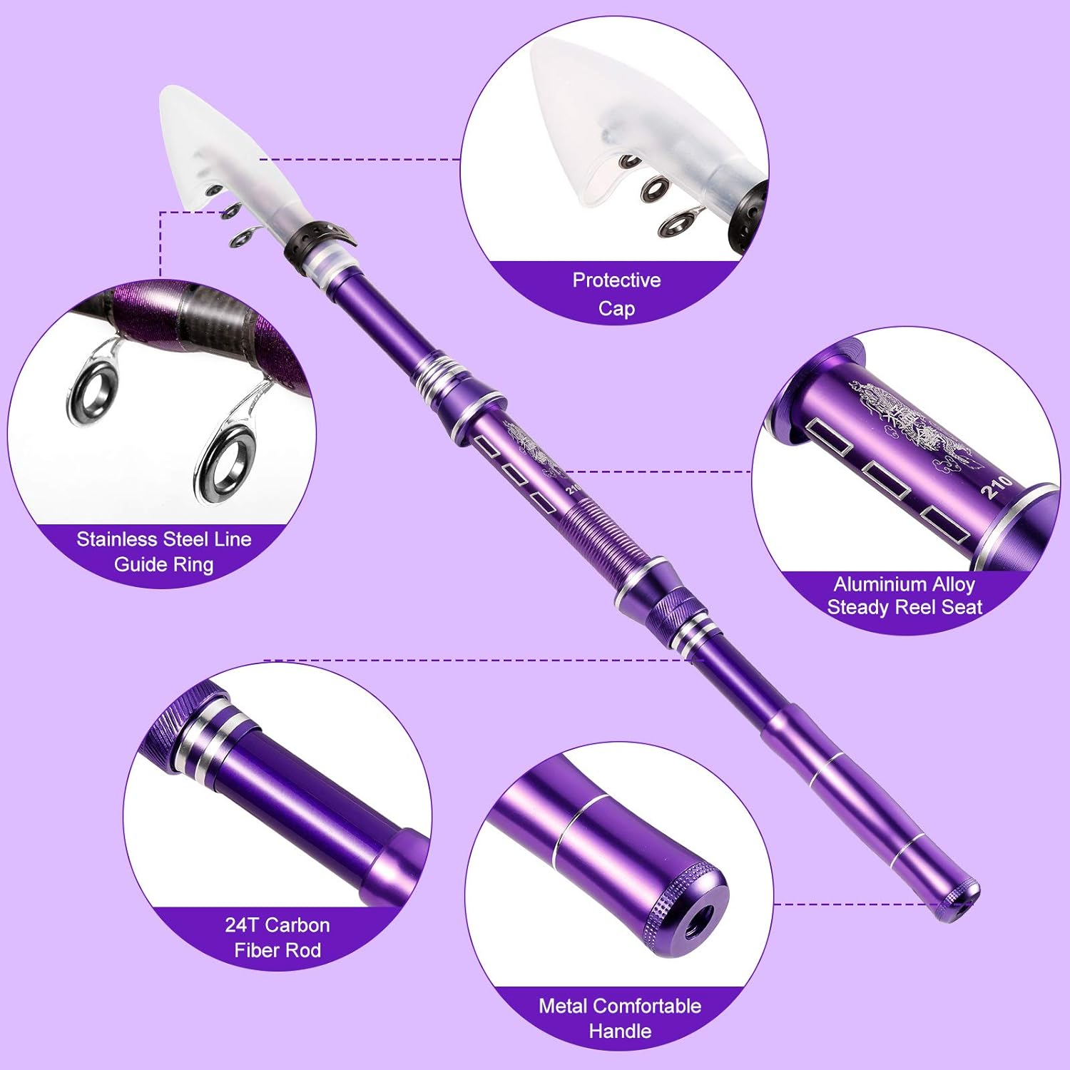 Telescopic Fishing Rod Kit, Carbon Fiber Fishing Pole and Reel Combos with Spinning Reel, Fishing Gears and Travel Bag for Saltwater Freshwater - Macaron Pink image number 3