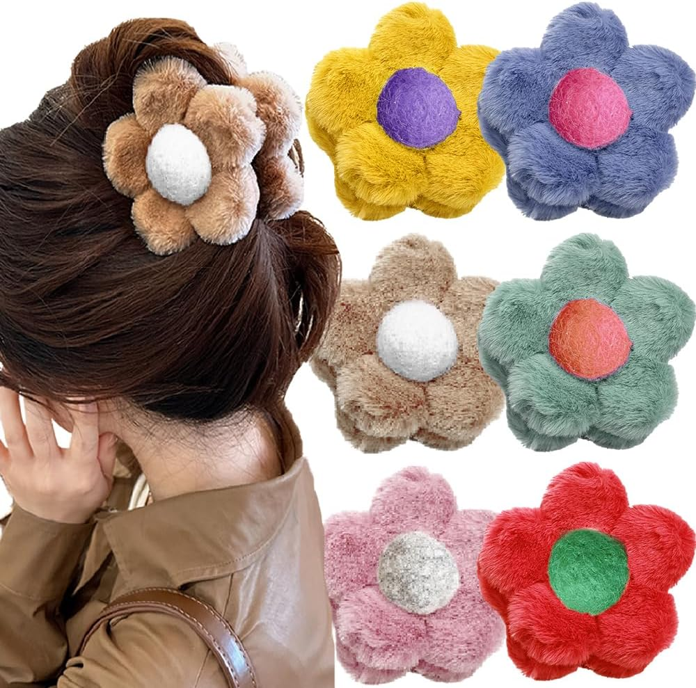 Set of 6 Cute Plush Flower Hair Clips Set, Colour Flower Hair Clips Cute Kawaii Flower Hair Clip Vintage Elegant Plush Floral Claw Clip Flowers Hair Clips for Women Girls Hair Accessories