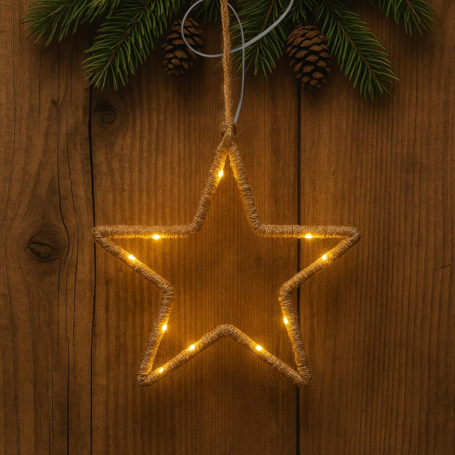 MIJOMA LED Christmas Decoration for Hanging Made of Metal and Jute with Timer - Rustic Winter Decoration with Fairy Lights - Battery Operated (Star: Approx. Diameter 20 Cm) image number 6