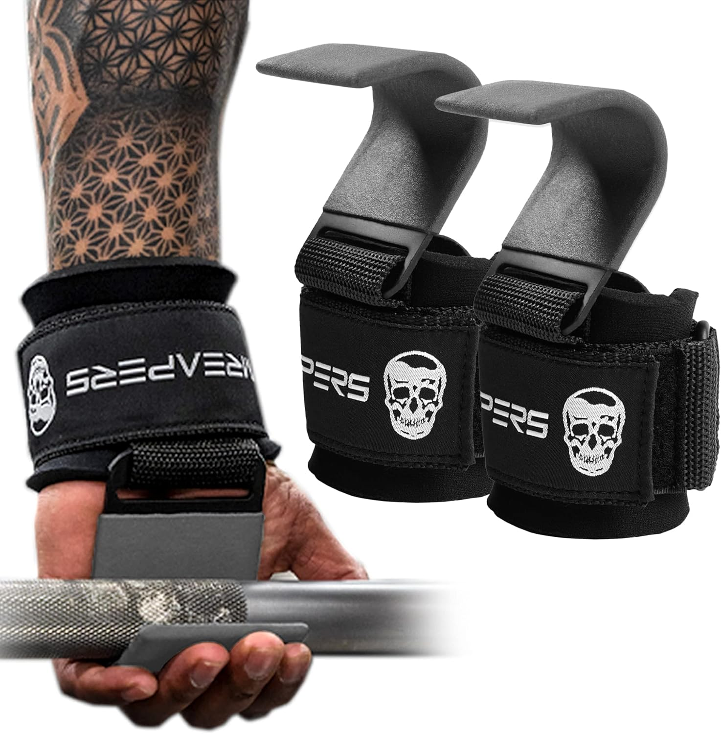 Gymreapers Weight Lifting Hooks (Pair), Heavy Duty Power Wrist Straps Hand Grip Support for Deadlifts, Pull Ups, Shrugs - Gym Gloves for Men and Women