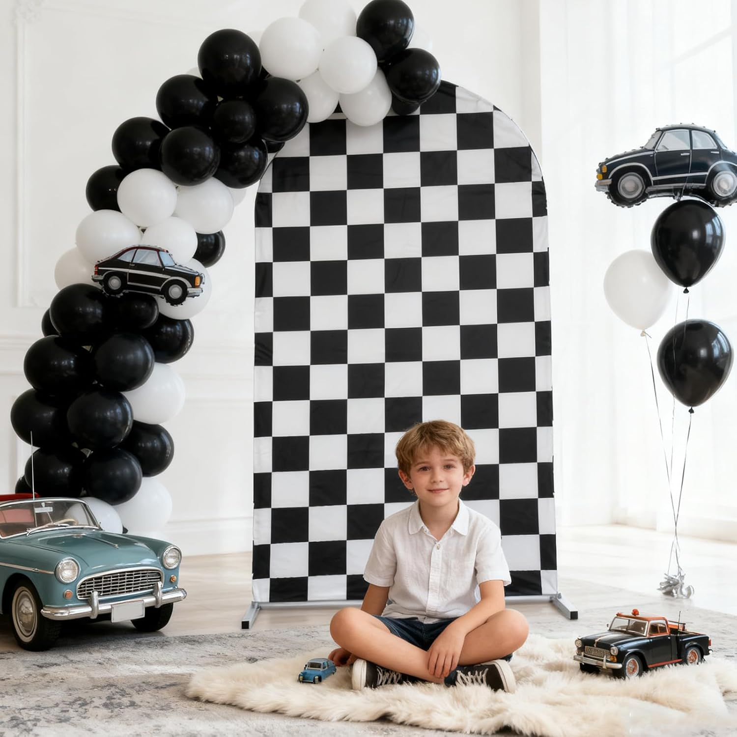 Truck Arch Backdrop Cover, 6Ft Racing Party Arch Cover Black & White Checkered Birthday Decorations for Kid Boys image number 4