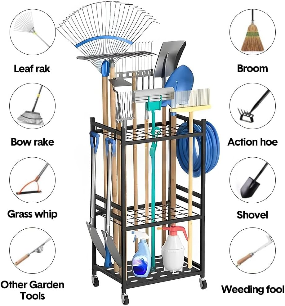 ALSTON Garden Tool Organizer Heavy-Duty Rolling Tool Tower Rack with Wheels and 4 Hooks Metal Shelf Storing Shovels Rakes Brooms Tools for Yard Garage Workshop image number 6