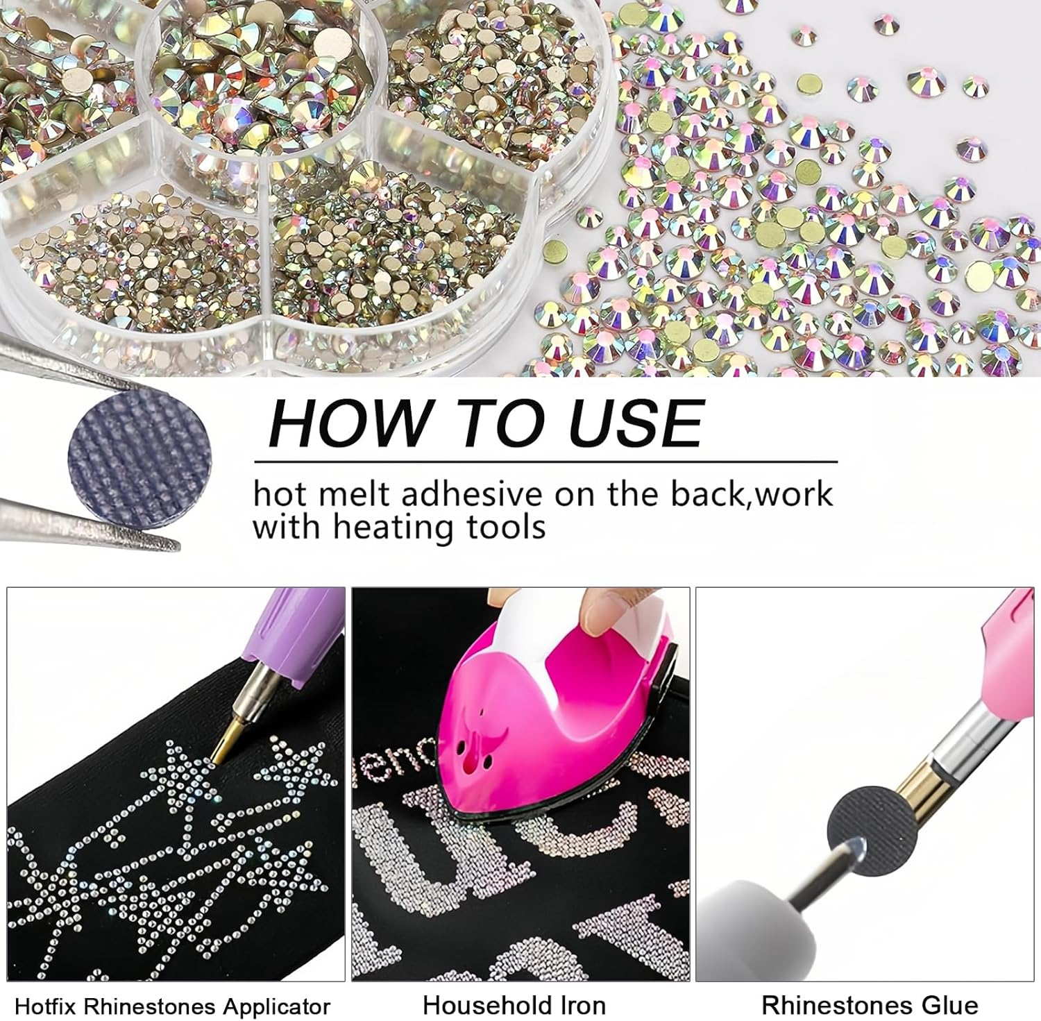 2500 Glitter Gems Hotfix Self-Adhesive 0.15~0.48 Cm, Rhinestones for Textiles for Gluing, Gemstones for Crafts, Rhinestones, for Clothing, Shoes, DIY, Craft, Nail Charms, Gift (AB) - Black image number 7