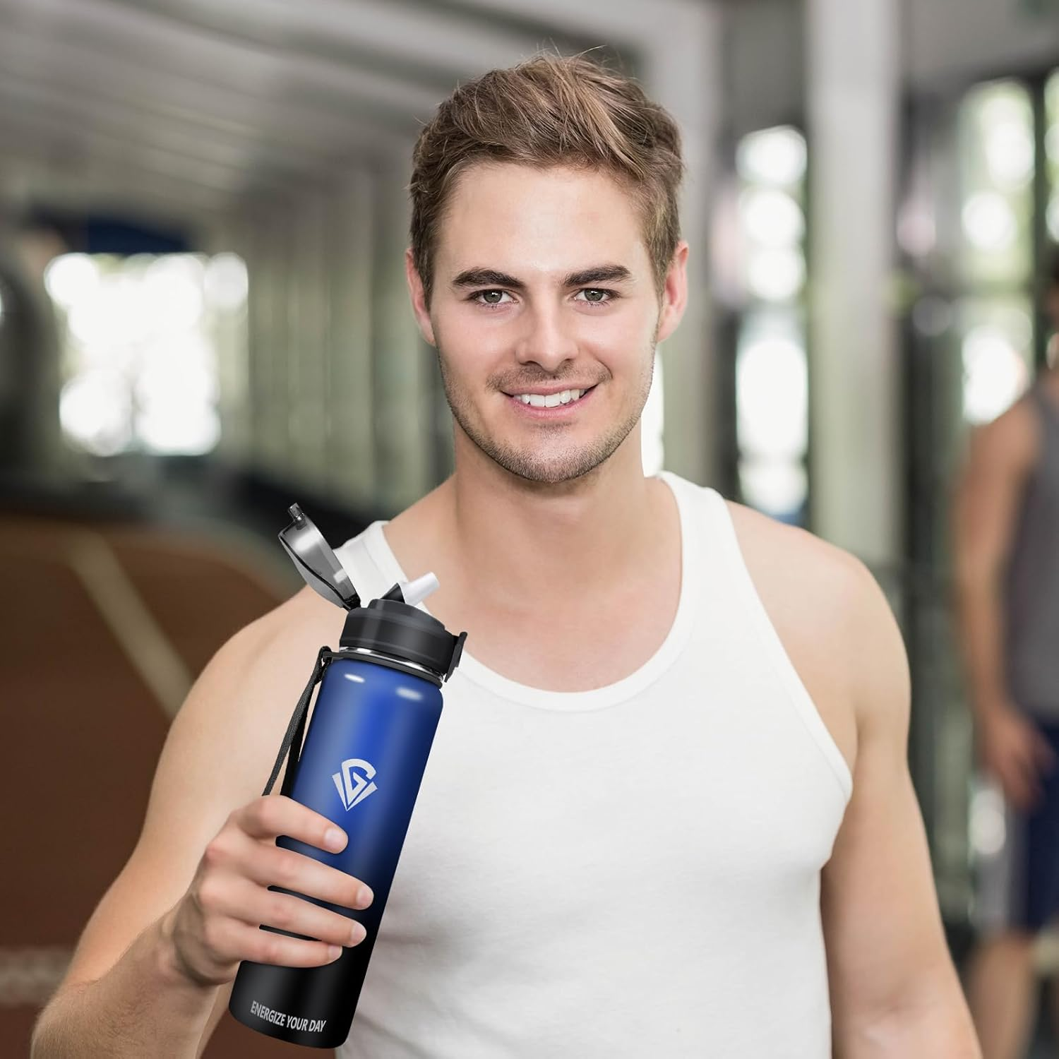 Vikastar Drinking Bottle, 1 Litre Leak-Proof, Sports Water Bottle, with Time Marking & Straw, Bottles, Carbonated Drinking Bottle, Suitable for School, Bicycle, Blue Black