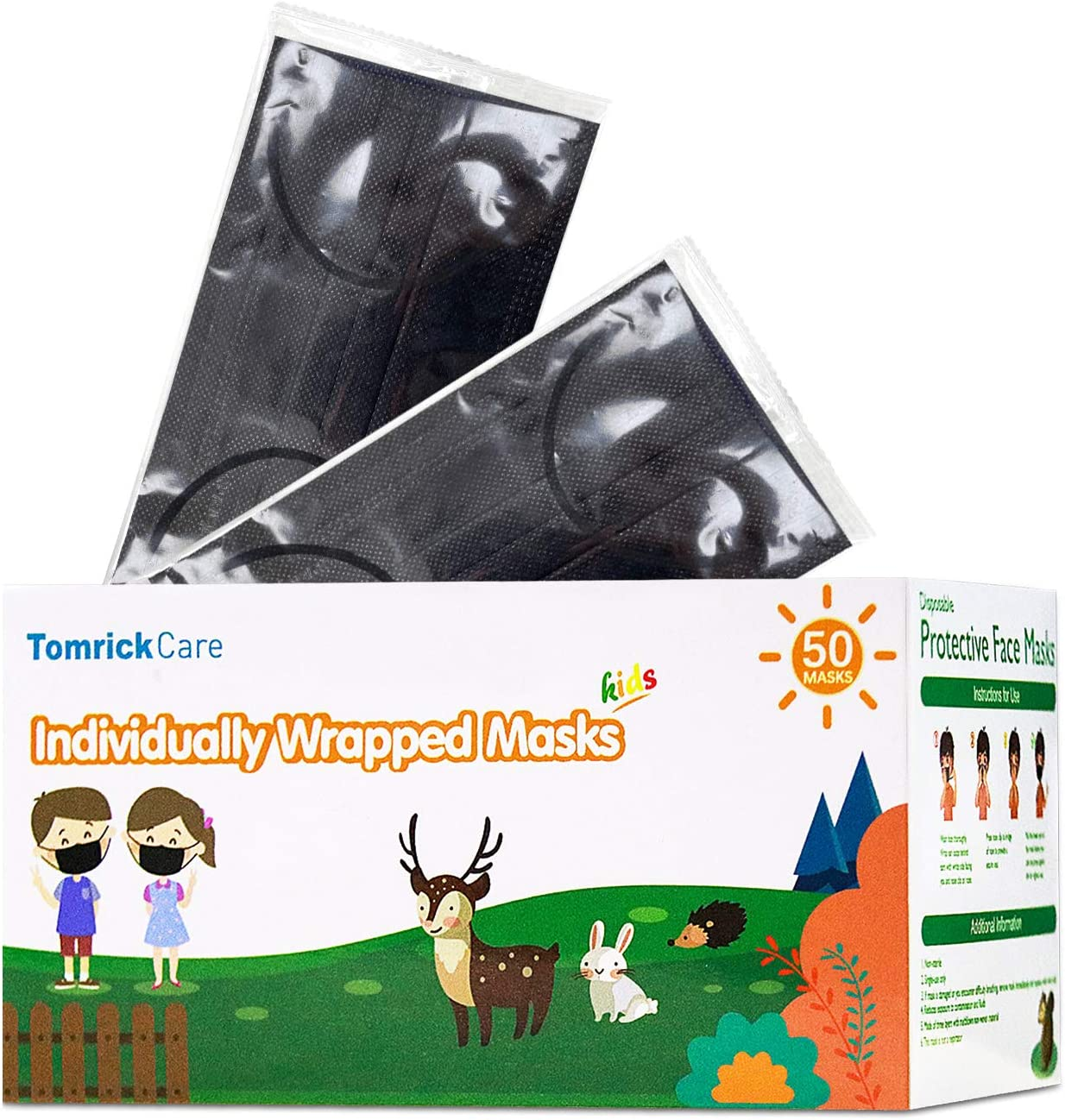 50PCS Individually Wrapped Black Disposable Face Mask for Kids, 3 Ply Face Mask Melt-Blown Fabric Protective Masks (50Pcs, Black) image number 4
