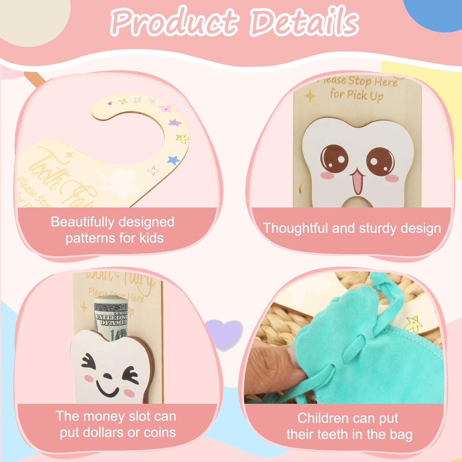 2 PCS Tooth Fairy Tooth Holder, Room Decor Tooth Fairy Door Hanger with Money Slot, Keepsake Bag & Elegant Patterns for Lost Teeth, Encourage Gift for Boys & Girls Milk Teeth image number 2