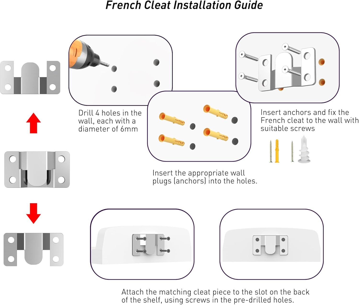 Tofitter Wood Floating Shelves 6"X6" 2-Pack, Solid Wood with Slotted Surface for Breathable Anti-Slip, Rounded Corners, French Cleats, Easy Install for Bedroom, Living Room, Bathroom（White image number 3