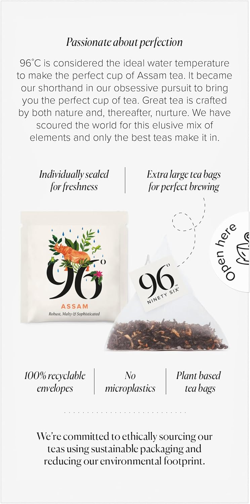 96&deg; Assam Tea - 20 Pyramid Tea Bags, Individually Wrapped, Bold, Robust and Malty, Biodegradable Plant-Based Bags image number 3