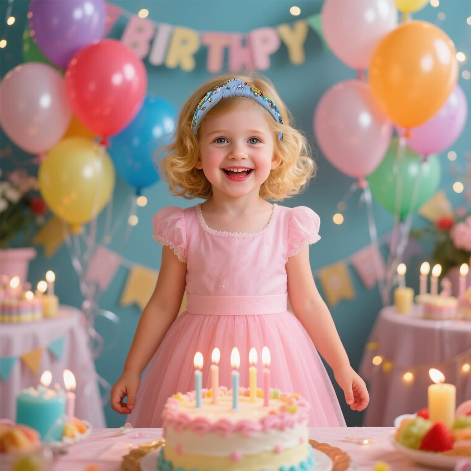 EXIPSAT Blue Birthday Crown Happy Birthday Headband, Colourful Beads & Stones Decorated Headband for Birthday Girls, Women'S Party Headpiece image number 4