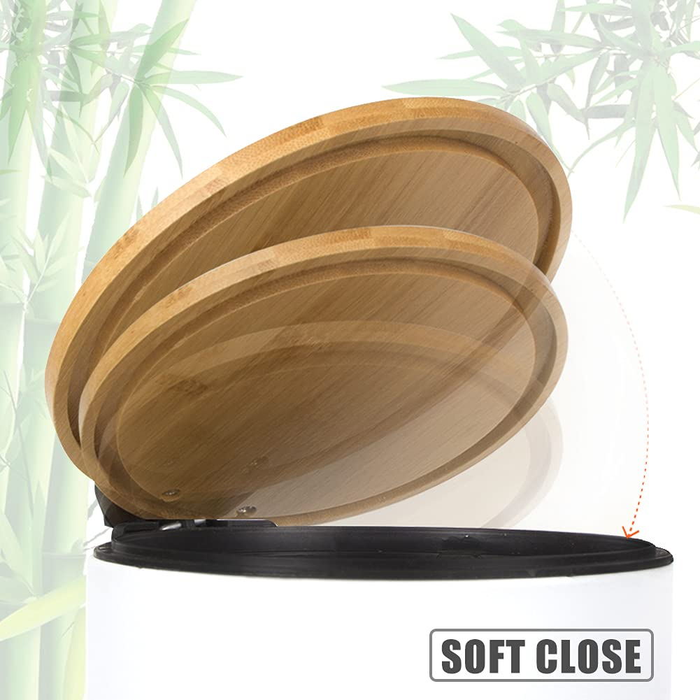 Trash Can with Bamboo Lid, 3L Pedal Bin, Mini round Trash Bin with Removable Plastic Inner Wastebasket for Bathroom, Bedroom, Powder Room, Office, Desk, Car (White) - White image number 3