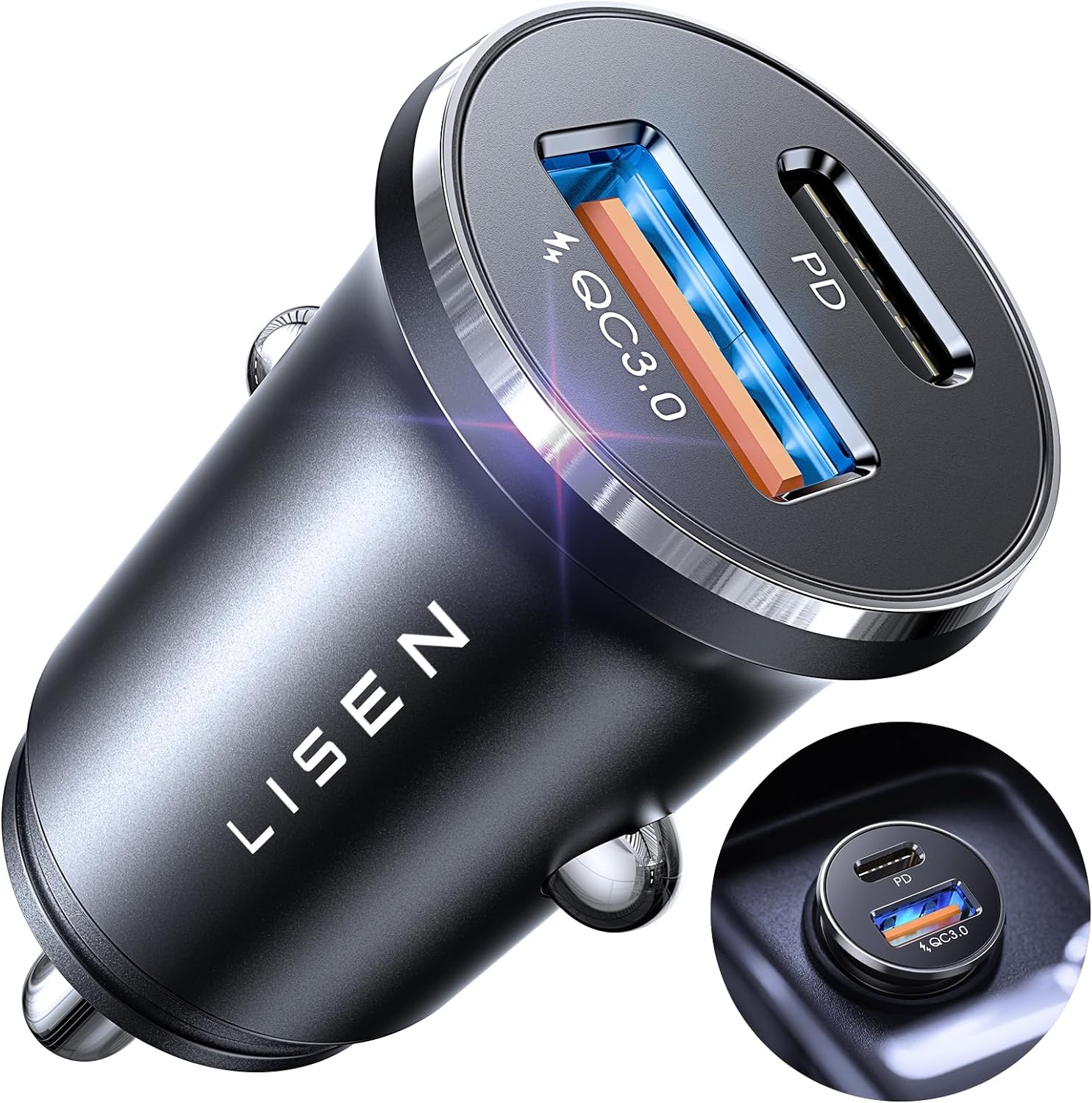 LISEN USB C Car Charger, 54W Fast Car Charger, PD 36W&QC3.0 Dual Port Car Charger Adapter, Super Mini All Metal Car Cigarette Lighter Adapter for Iphone 16 15 Pro Max plus Samsung Galaxy S24 Ipad Pro