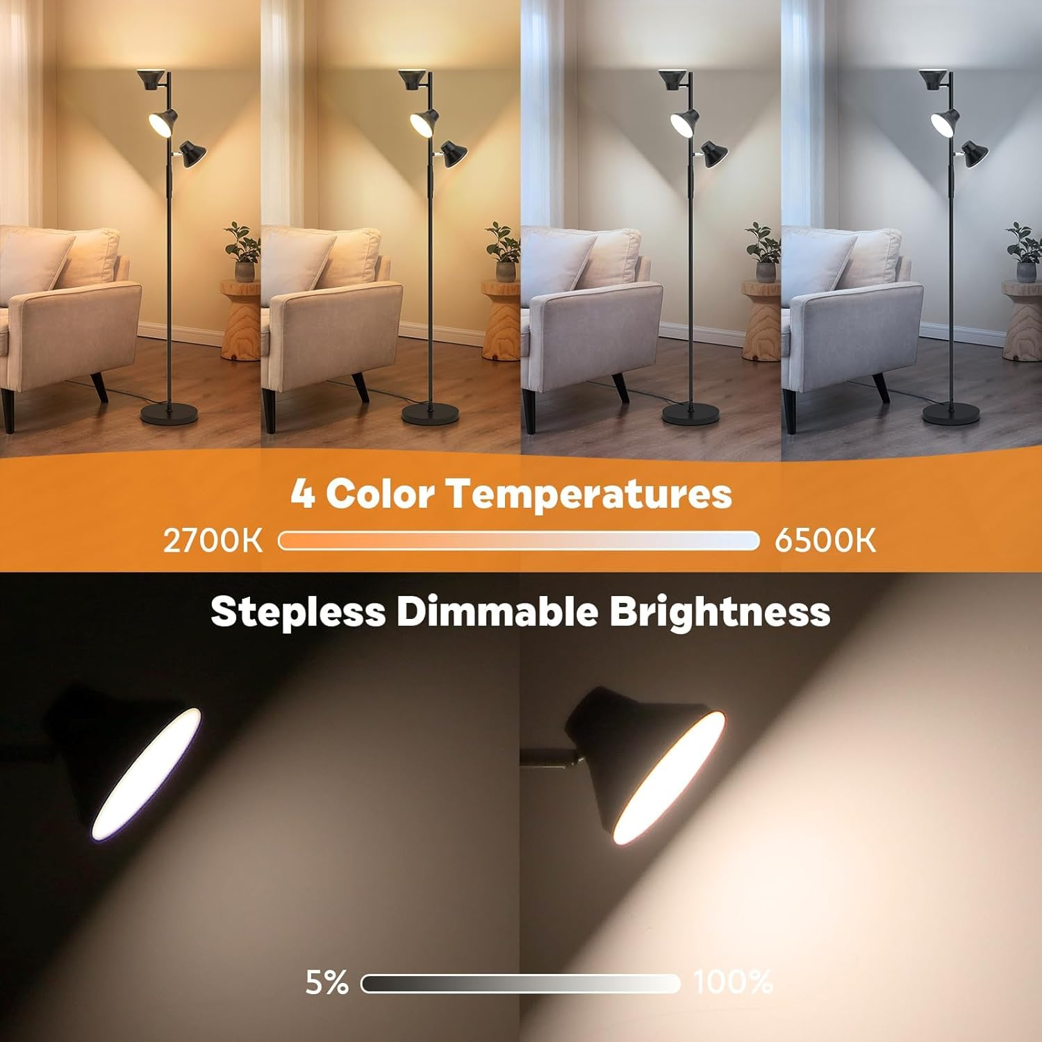 LED Floor Lamp, 36W Modern Floor Lamp with Remote & Touch Control, 4 Color Temperatures, 3 Rotatable Dimmable LED Standing Lamp for Living Room, Bedroom, Office image number 6