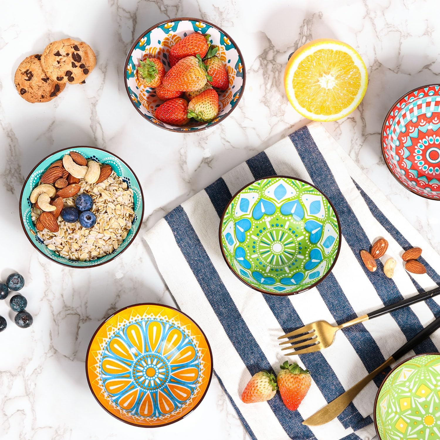 10 OZ Ceramic Bowls Set of 6, 4.5 Inch Cereal Bowl Soup Bowls Dipping Bowls for Salad Pasta Kitchen Multicolor image number 5