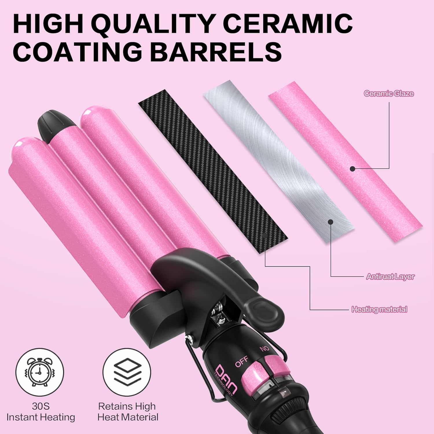 DAN Technology 1 Inch Ceramic 3 Barrel Curling Iron Wand Hair Waver (Pink) image number 4