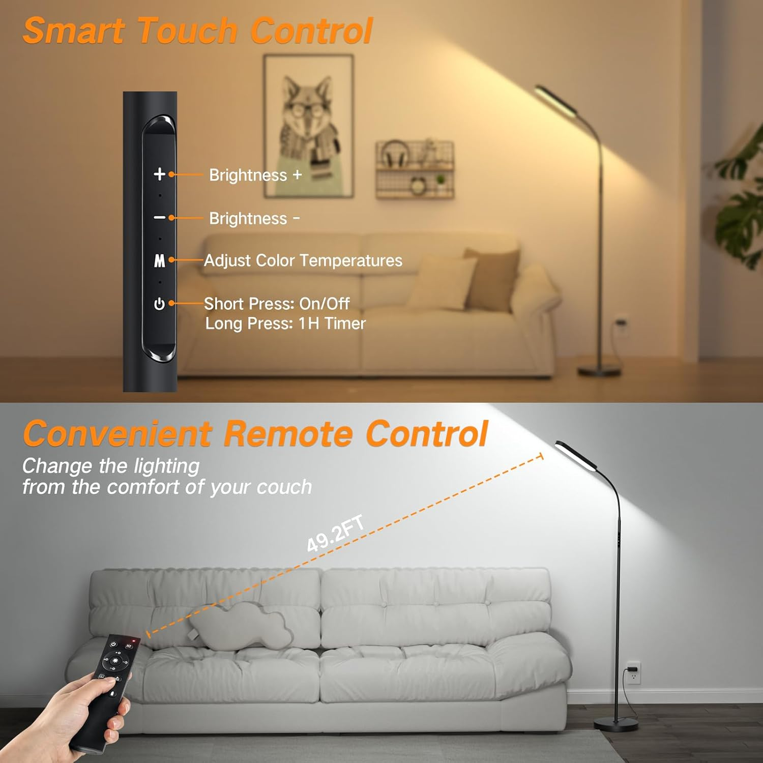 OUTON LED Floor Lamp, 15W 1500LM Dimmable Reading Lighting with 360&deg;Rotatable Neck, 4 Colour Temperatures, Remote & Touch Control, 1H Timer Tall Standing Lamp for Living Room Bedroom Office, Black image number 5