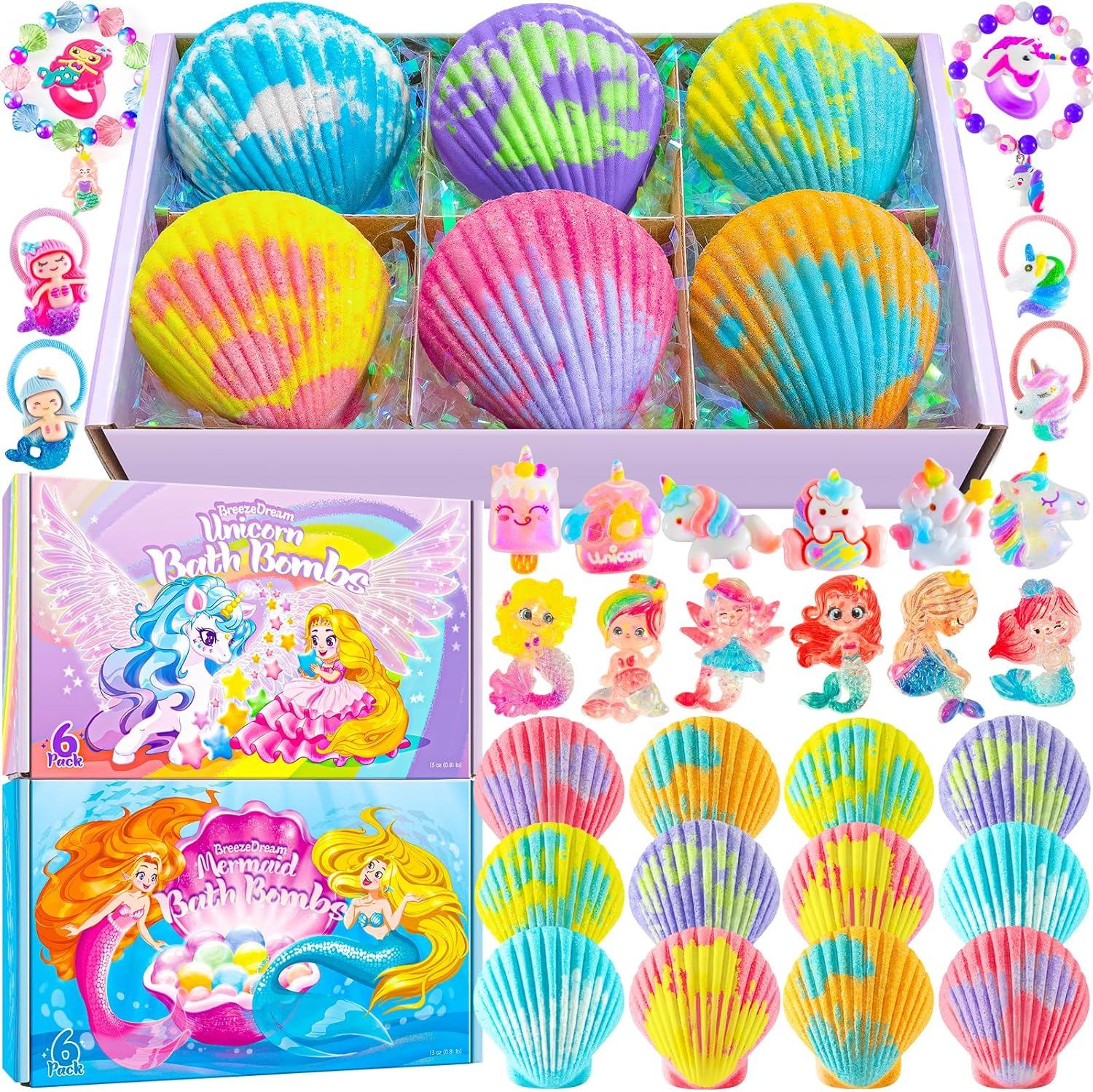 Shell Bath Bombs for Girls &ndash; 12 Pack Child-Safe Aromatherapy Bath Bombs with 20 Surprise Toys Inside, 6 Fruity Scents in 2 Gift Boxes (Mermaid & Unicorn Themes) image number 6