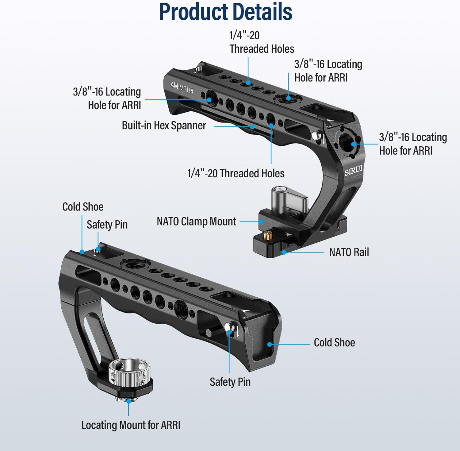 SIRUI 2 in 1 Top Handle with Locating Mount for ARRI or NATO Mount, All-Aluminium Camera Cage Handle Grip with Cold Shoe with Safety Pin, Multiple Threaded Holes, AM-MTHA, Pack of 1 image number 4