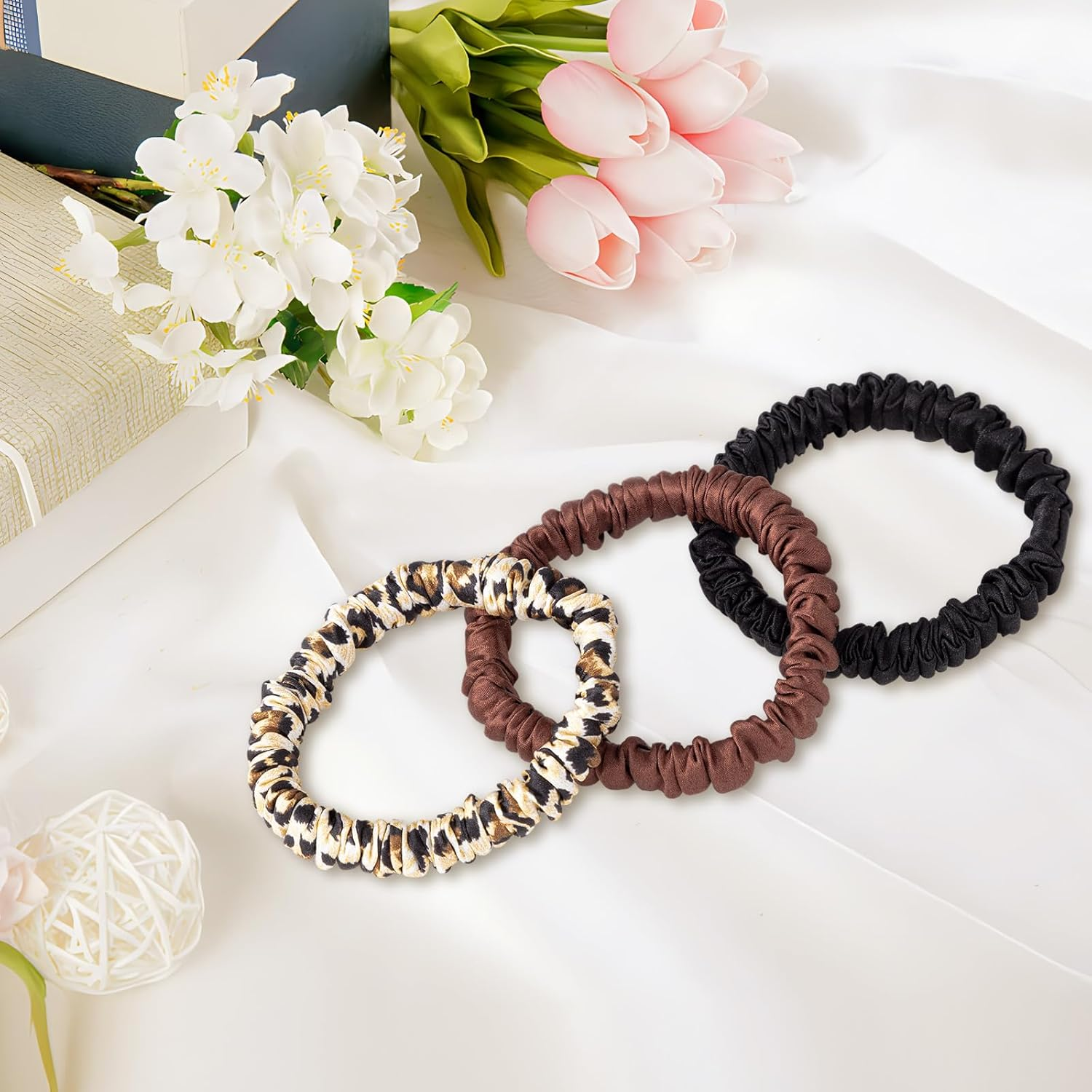 Pack of 3 Silk Scrunchies in Leopard Print, Black & Coffee, Elegant Hair Bobbles for Women & Silk Hair Scrunchie, Stylish Hair Accessories for Daily Hairstyles and Special Occasions