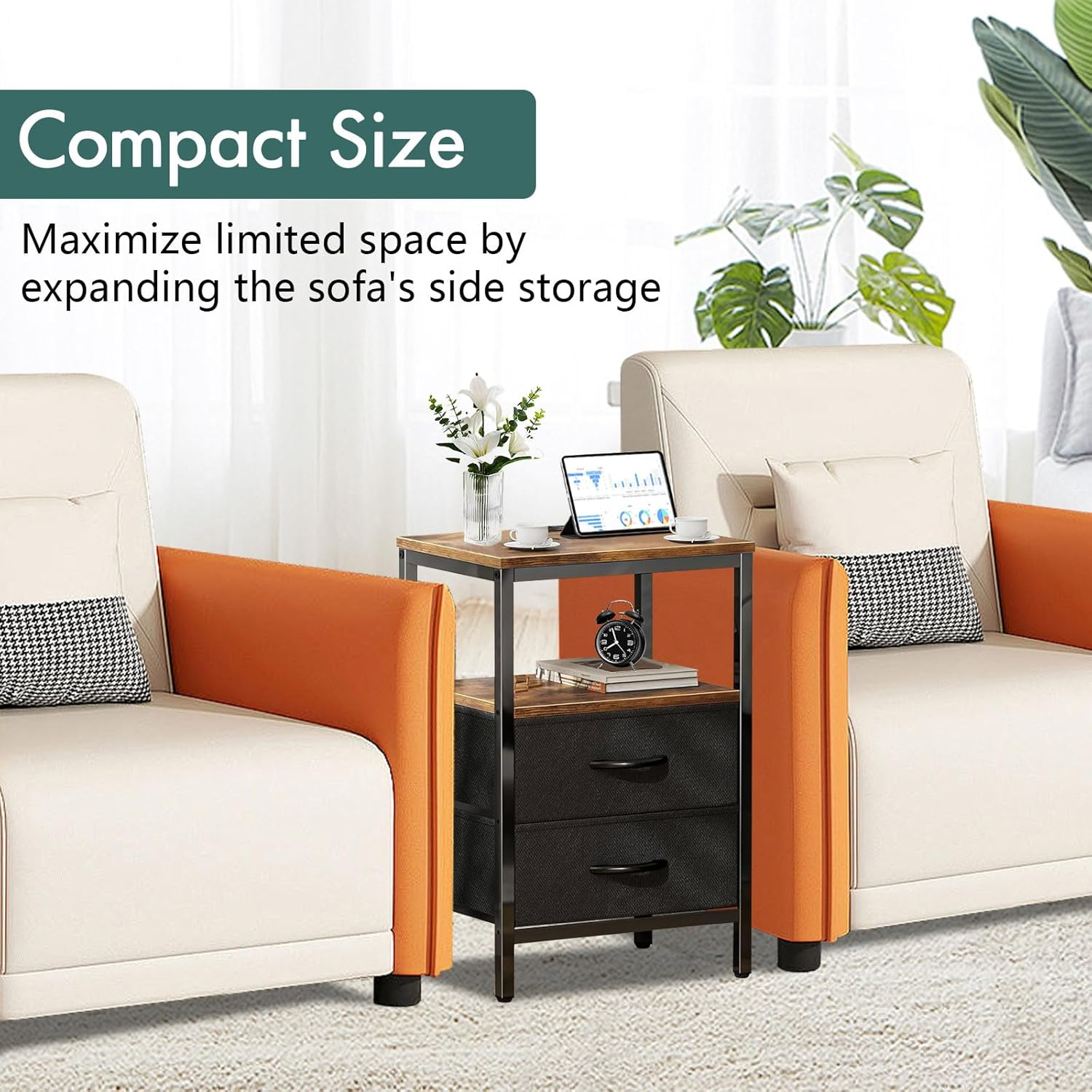 Night Stand with Charging Station, 3-Tier Storage Nightstand with 2 Fabric Drawer,End Tables Bedroom Bedside Table with Charging Station for Bedroom, Dorm, Living Room - Easy Assembly, Sturdy Design image number 4