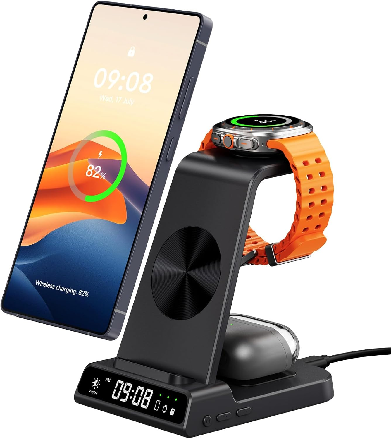 Wireless Charger for Samsung Devices, Wireless Charging Station for Samsung S25 Ultra/S25+/S25/Z Flip7/S24/S23/S22/S21, for Galaxy Watch 8/8 Classic/7/Ultra/6/5/4, Galaxy Buds3 Pro (No Adapter)