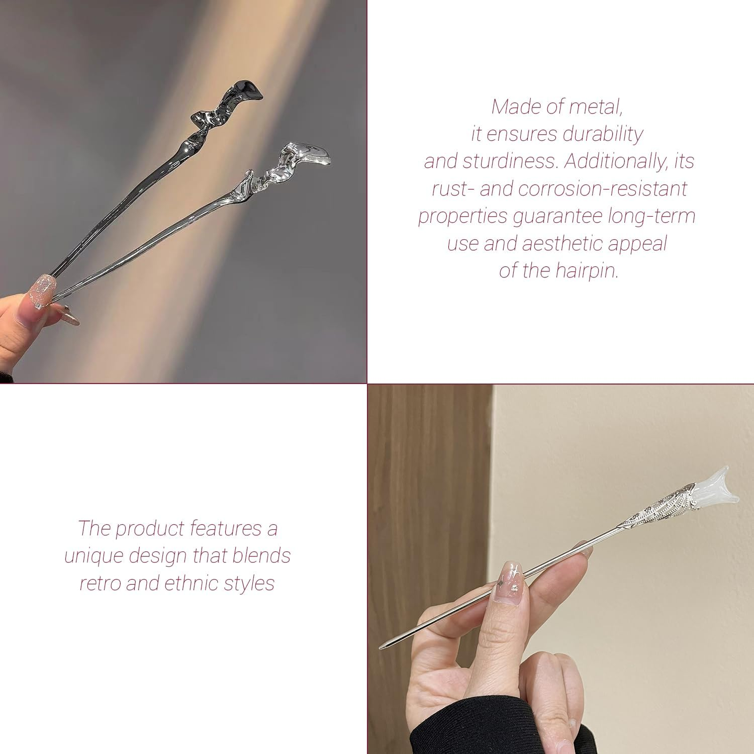 3 Pieces Metal Hairpin Retro Women Hairpin Elee Hair Pin Ethnic Style Hairpin with Fixed Plate Hairstyle Decoration Accessories image number 5