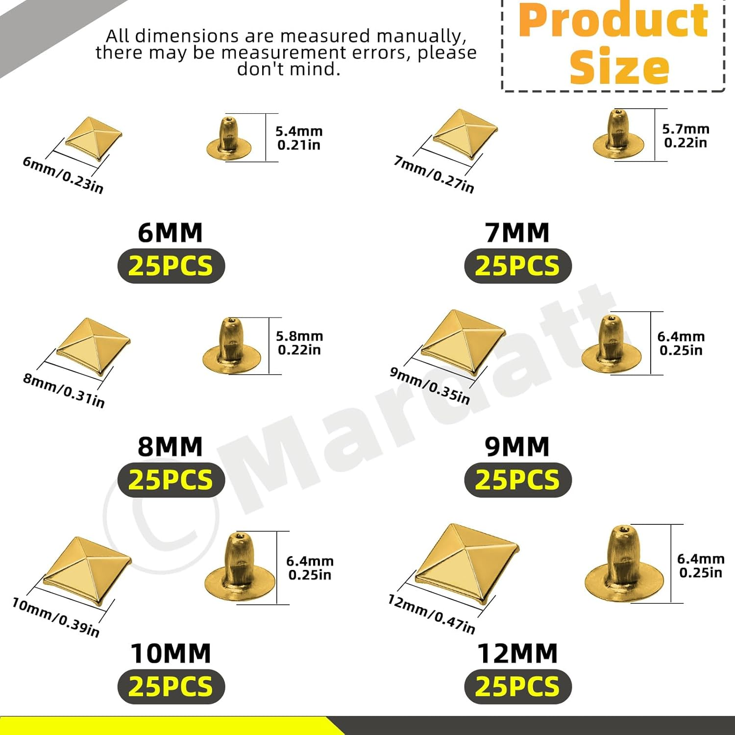 Mardatt 150Pcs 6 Sizes Gold Spike Rivet Pyramid Rapid Rivet Studs, 6Mm 7Mm 8Mm 9Mm 10Mm 12Mm Square Punk Spikes Pyramid Rapid Rivet Studs Nail Heads for DIY Leather Craft Decoration(Gold） - Gun Color image number 3