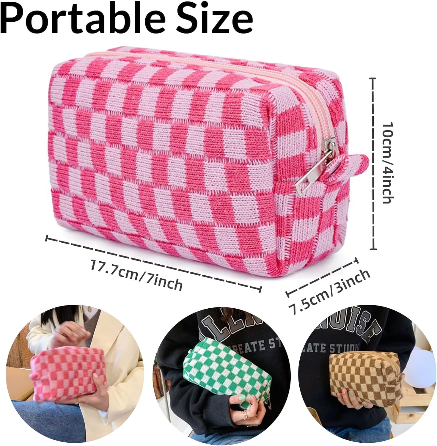 Checkered Makeup Bag Cosmetic Bag for Women, Y2K Accessories Aesthetic Purse Cosmetic Bag, JOMWEN Large Capacity Brushes Storage Bag Travel Toiletry Bag Organizer (Pink) image number 3