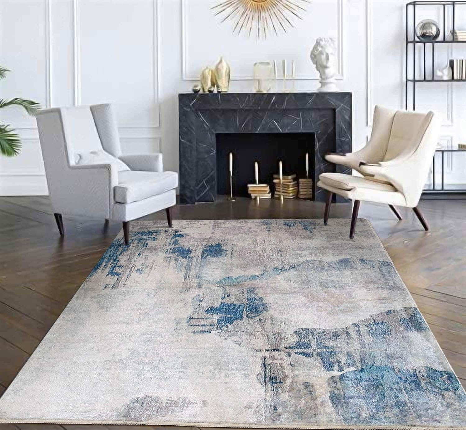 Rugs Living Room Grey Area Rugs for Bedroom Modern Abstract Rug Large Short Pile Rugs Carpet Non-Slip Soft Living Room Rugs Room Decor (Lake Blue/Grey/Beige, 120 X 160 Cm) image number 3