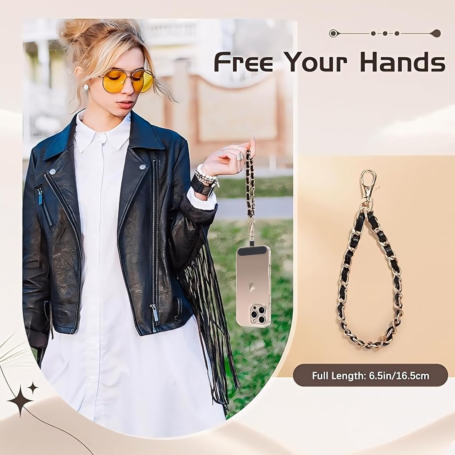 AIQIUQIU Cell Phone Charm Strap with Wrist Metal Chain Detachable Phone Lanyard for Girls Women, Adjustable Wrist Strap Hand Lanyard for All Smartphone - Black/Gold image number 6