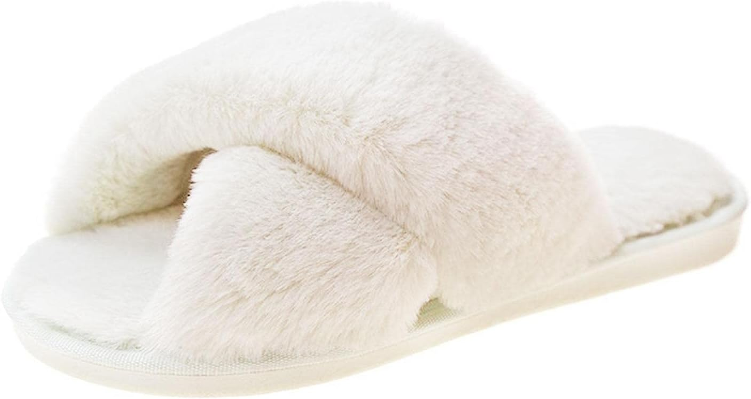 Fuzzy Slippers for Women, Cross Band Slippers, Womens Warm Comfy Open Toe Slippers with Rubber