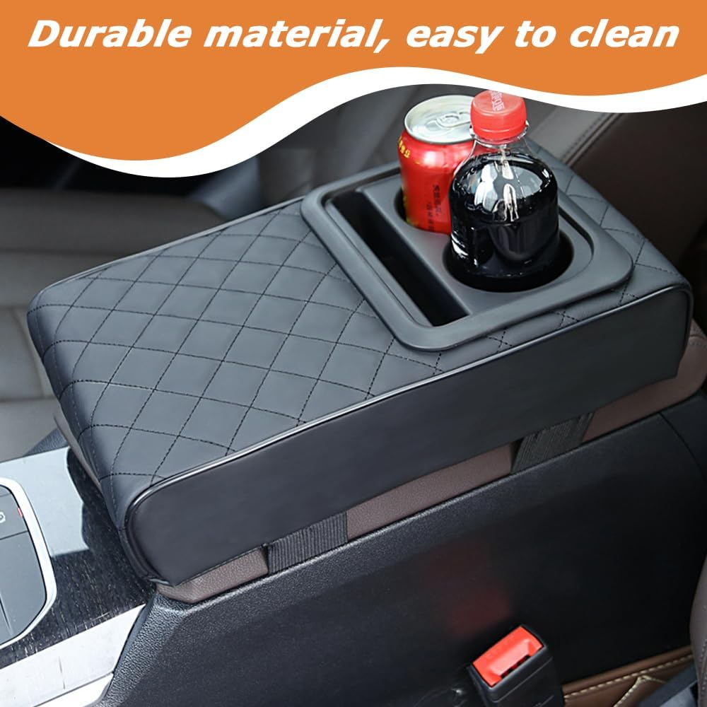 Car Armrest Cover, Universal Centre Console Leather Pads, Car Box Pad with Cup Holder and Organizer, Memory Foam Armrest Box for Vehicles, Auto Center Console Armrest Pillow Pad, Black image number 2