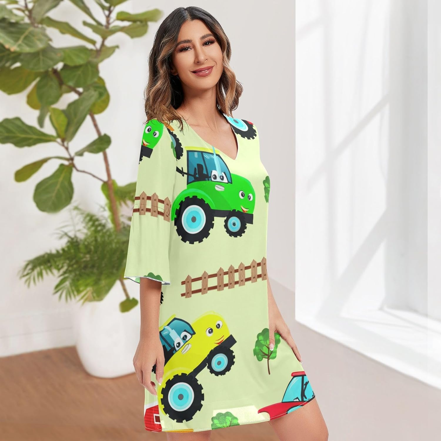 Cheerful Car Soft Spring Green Short Summer Dress Printed Line Maternity Dress S-XXL image number 4