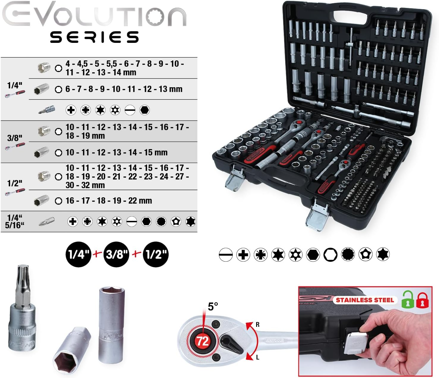 KS Tools 917.0795 1/4" + 3/8" + 1/2" Socket Set, 195 Pcs image number 3