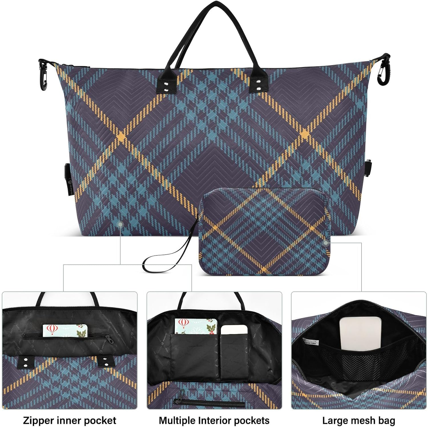 Luggage Travel Bag Carry on Personal Item Bag Navy Blue Yellow Buffalo Plaid Tartan Check Scotland Gym Bag With, Navy Blue Yellow Buffalo Plaid Tartan Check Scotland, Set of 2, Art Deco image number 6