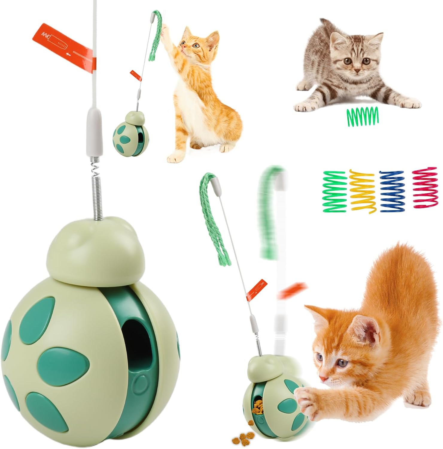 Bigqin Interactive Cat Toy for Indoor Cats, Tumbler Kitten Toys with Cat Wand and 4 Pack Spiral Springs, Attractive Cat Treat Dispenser, Cat Presents for Exercise/Boredom Relief