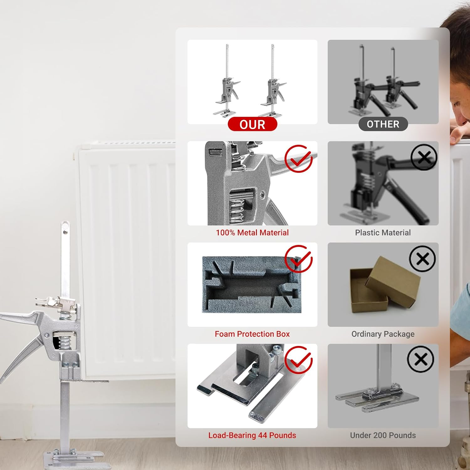 Labor Saving Arm Jack, 2 Pack Furniture Jack Multi-Function Height Adjustable Labor Saving Handle, Stainless Steel Hand Jack Lift Tool image number 5