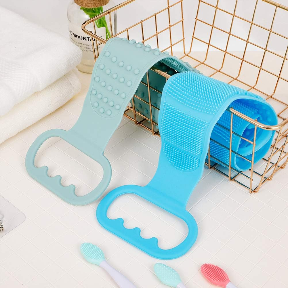 Baring 2 Pieces Silicone Back Scrubber Bath Body Brush Shower Brush Exfoliating Skin Massage Scrubber and 2 Pieces Transparent Adhesive Hooks, Blue and Green image number 4