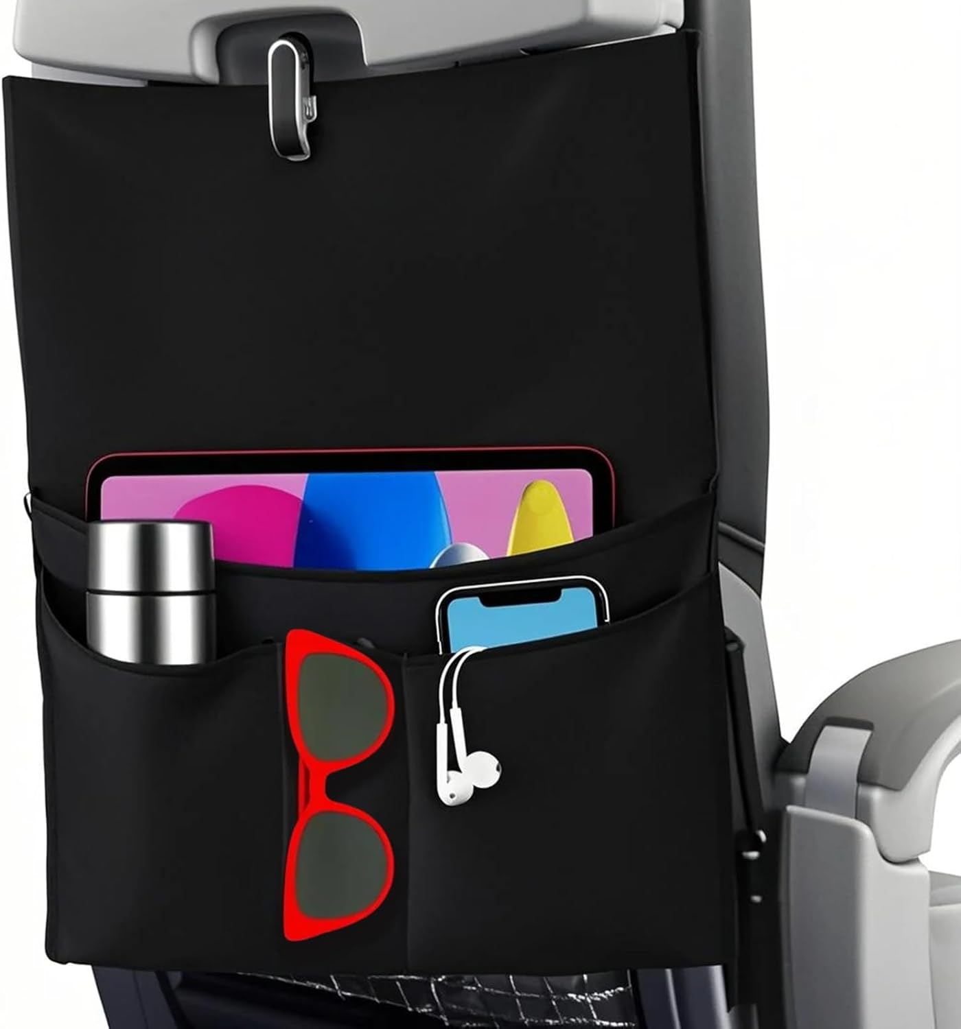 Airplane Seat Back Organizer with Multiple Pockets Durable Polyester Tray Table Cover Storage Bag for Travel Accessories Machine Washable Flight Essentials Organizer (Black,1-Pack) image number 2