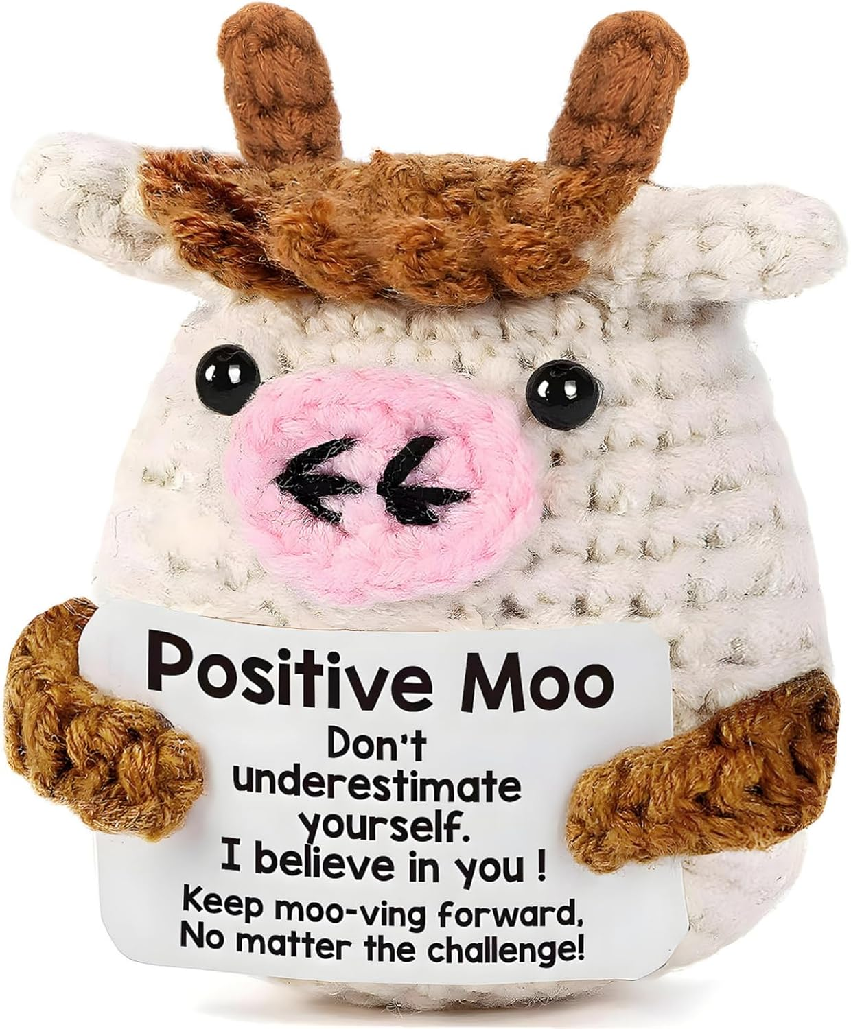 ZCOINS Emotional Support Positive Crochet Cow, Small Positive Crochet Plush Cow Gift, Mini Motivational Plush Animal with Encouraging Message for Friend Birthday, Samll Inspirational Funny Desk Decor image number 4