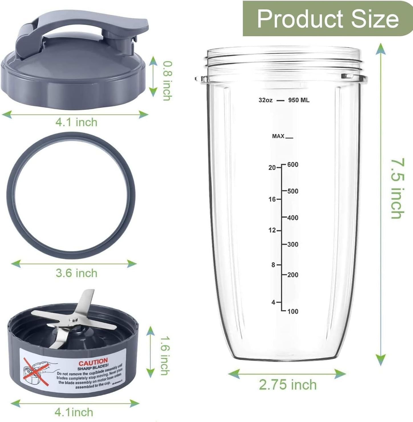 Replacement 32Oz Cups & Extractor Blade with Flip-Top To-Go-Lid and Rubber Gaskets Seal Compatible with Nutribullet 600W/900W Blender Accessories image number 1