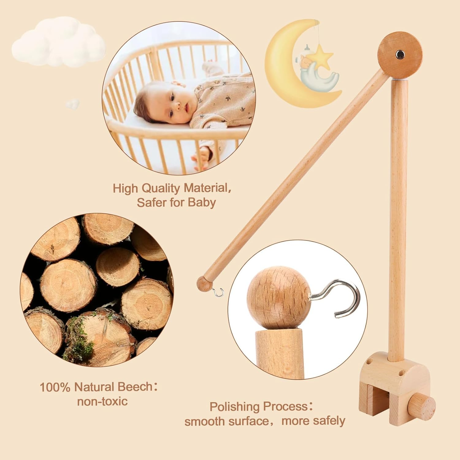 Wooden Crib Mobile Arm,Baby Cot Holder Height Adjustable for Nursery Decor for Nursery Mobiles,Mobile Holder for Hanging Cots and Changing Tables Mobiles Chimes Toys image number 6