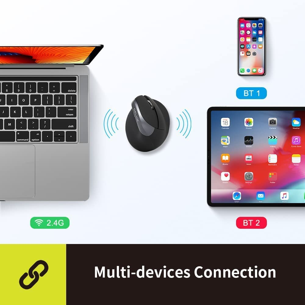 Delux M618Mini Db-Grey Wireless Ergonomic Vertical Mouse, Dual Mode Silent Mouse with 2 Channel Bluetooth and USB Receiver, 3 Device,6 Buttons and 2400 DPI for PC Laptop Computer image number 2