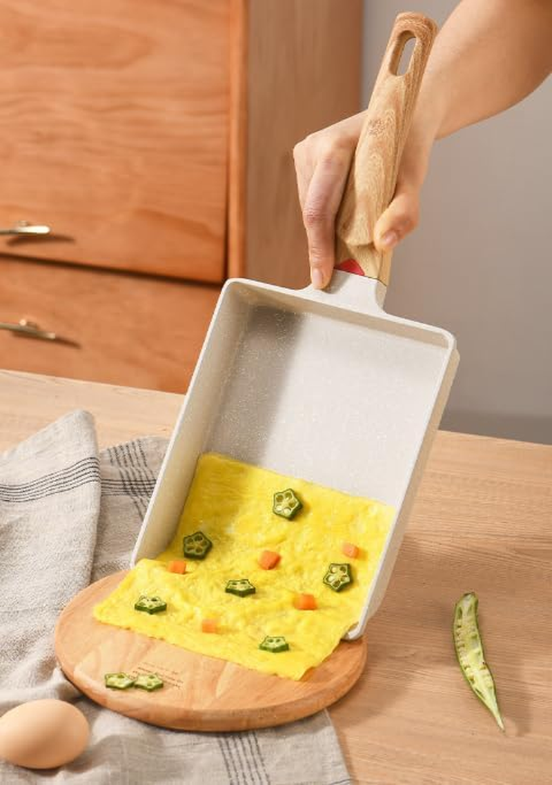 Square Japanese Omelette Pan, Non-Stick Egg Roll Pan with Silicone Brush, Rectangle Frying Pan Wood Handle, Steak Frying Pan, Maifanshi Flat Bottomed Pan image number 3