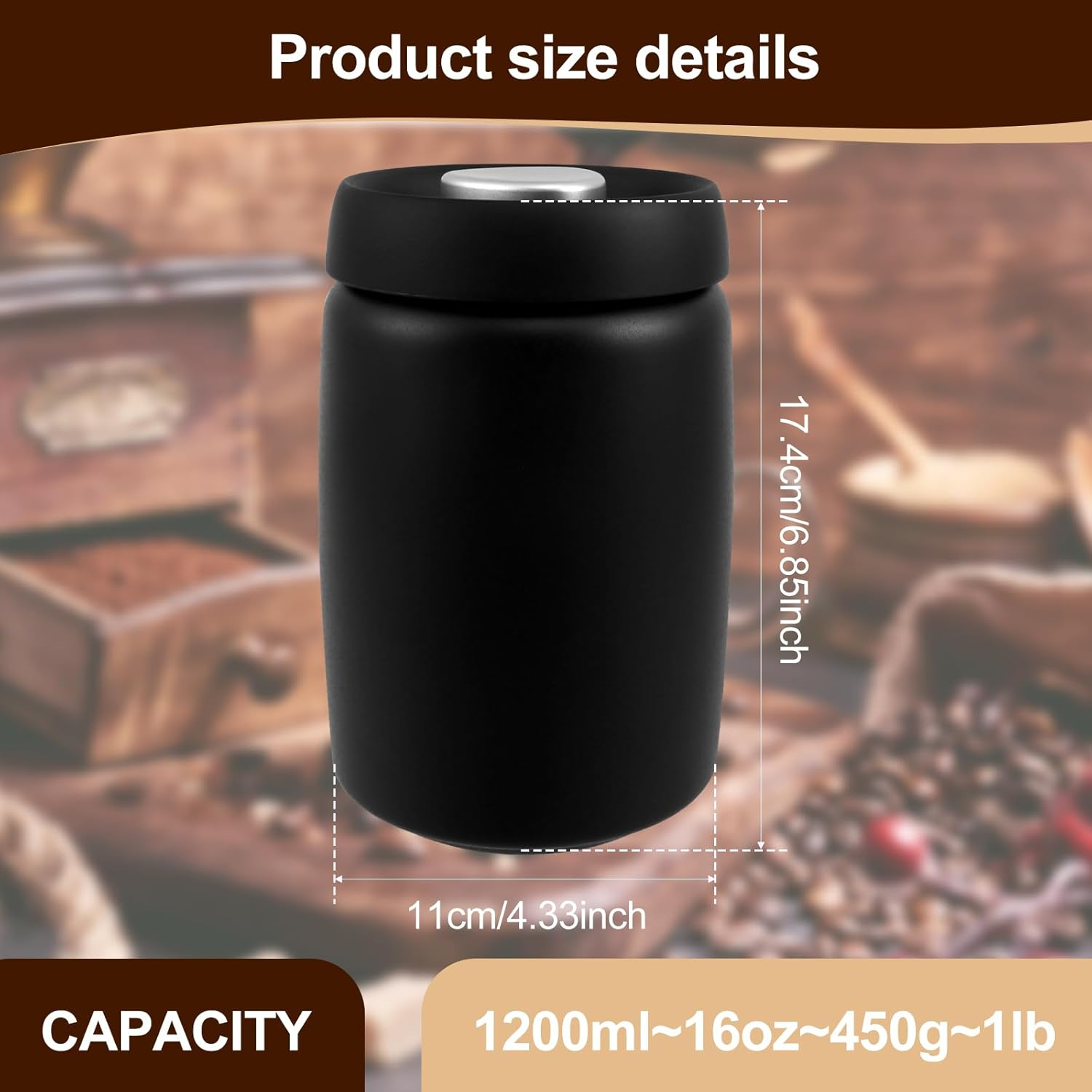 Coffee Vacuum Canister, 1.2L Stainless Steel Airtight Food Storage Container, Large Capacity Coffee Bean Container, Multi Use Coffee Canister for Coffee Bean Tea Storage image number 4