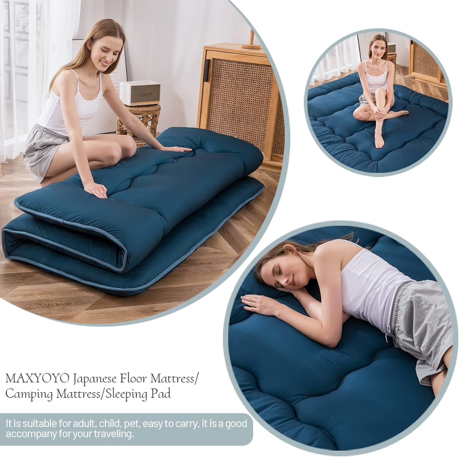 MAXYOYO Japanese Floor Mattress Futon Mattress, Thicken Tatami Mat Sleeping Pad Foldable Roll up Mattress Dormitory Mattress Pad Floor Lounger Pillow Bed (Bluestone, Double) image number 2