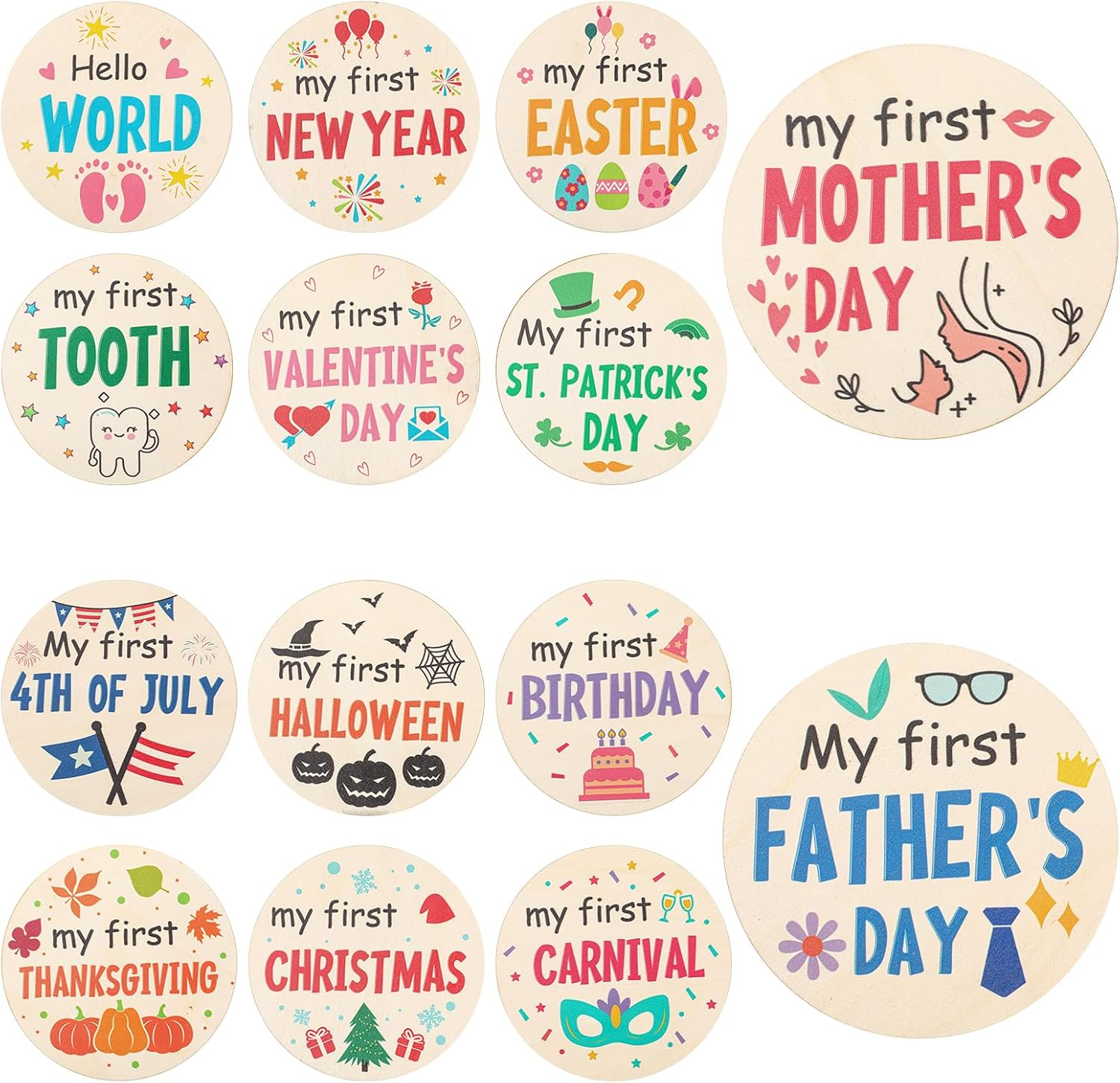 7Pcs My First Holiday Baby Milestones Cards, My 1St Signs of 14 Holidays Wooden Circles New Baby Sign Double Sided Baby Announcement Sign Photo Props for Baby Shower Party Supplies Gift image number 2