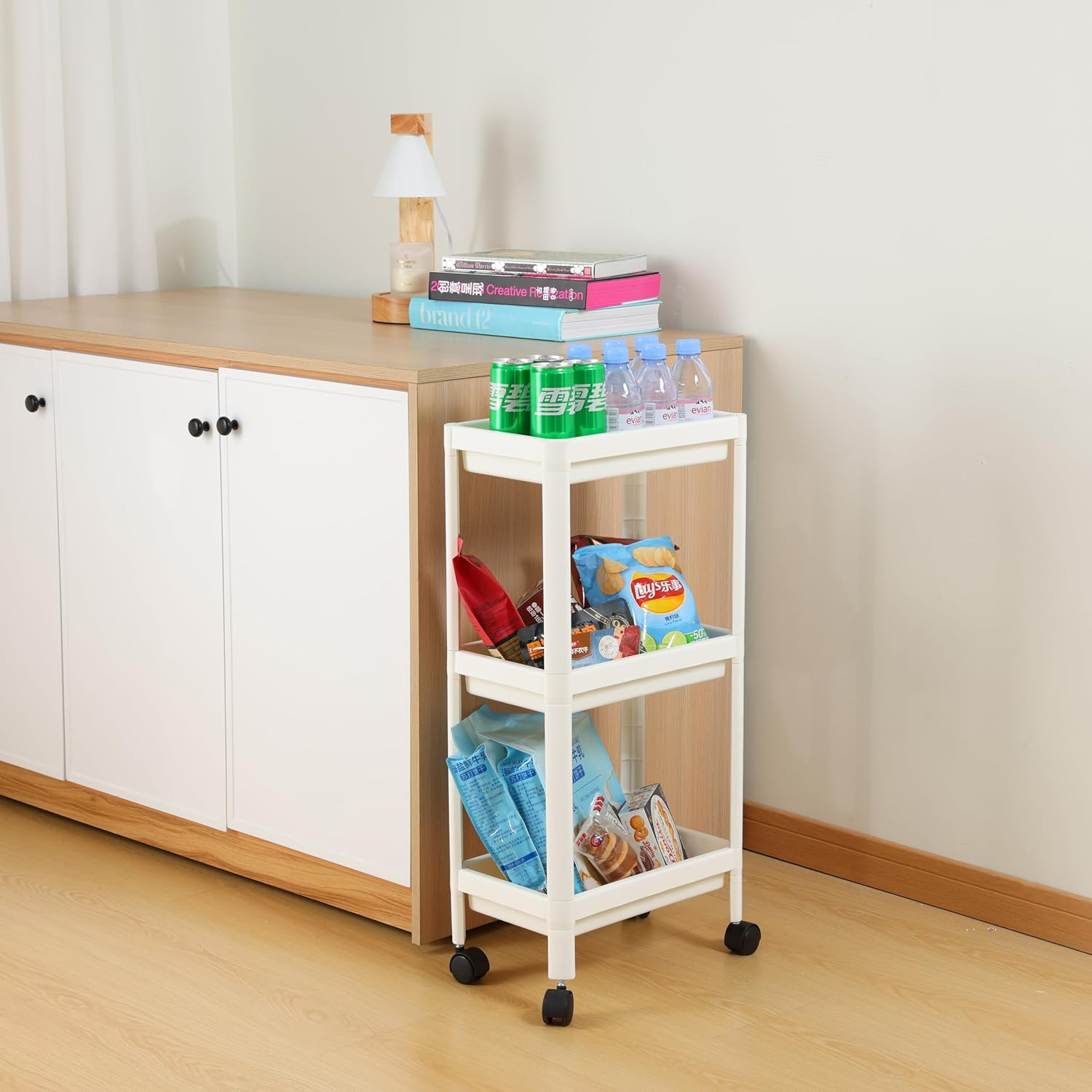Okam 3-Tier Slim Storage Trolley Cart - Slimline Bathroom and Kitchen Storage Unit with Hooks, Aeration Holes, Smooth Wheels, Perfect for Narrow Gaps, White. Stands 75Cm Tall Narrow Storage Unit
