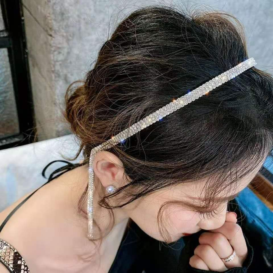 Fdsmall Rhinestone Wedding Headbands, Crystal Tassel Headband, Sparkling Hair Chain, Hair Hoop, Fake Earrings, Bling Hair Bands, Rhinestone Headpiece, Hair Accessories for Wedding, Bride, Girls (02) image number 2